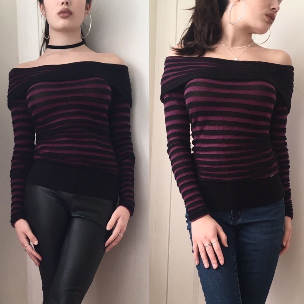 Guess Off-the-Shoulder Black & Purple Striped Top